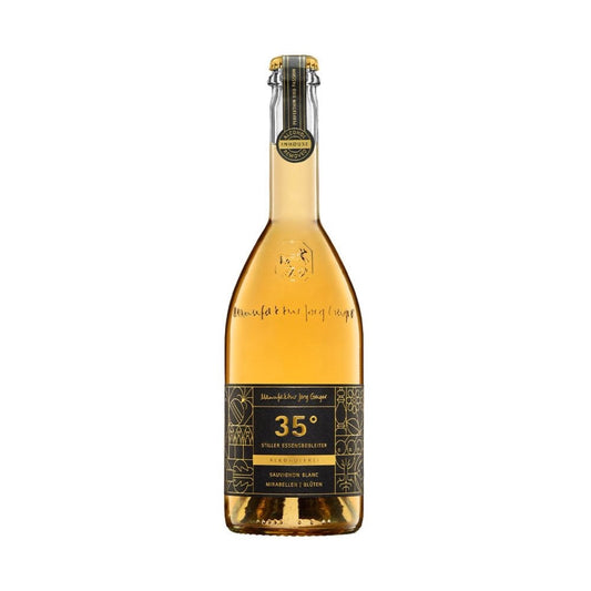 Delmosa non-alcoholic beverage bottle produced by Manufaktur Jörg Geiger, Grad 35 series with a dark and gold label, bottle cap and sticker on top, against a plain background. Still. 375ml in size.