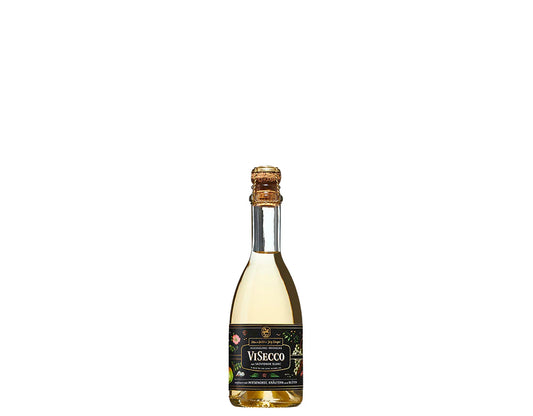 Delmosa non-alcoholic beverage bottle produced by Manufaktur Jörg Geiger, ViSecco Sauvignon Blanc sparkling NA wine with a dark and white label, cork on top, against a plain background. 375ml in size.