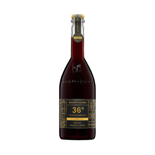Delmosa import of Manufaktur Jörg Geiger Grad 36° non-alcoholic still beverage—blend of dealcoholized red wine (75%), damson plum, currant, blackberry juice with herbs and wildflowers; 375 ml bottle with dark and gold label and cap, plain background.