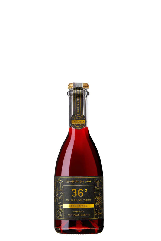 Delmosa import of Manufaktur Jörg Geiger Grad 36° non-alcoholic still beverage—blend of dealcoholized red wine (75%), damson plum, currant, blackberry juice with herbs and wildflowers; 375 ml bottle with dark and gold label and cap, plain background.