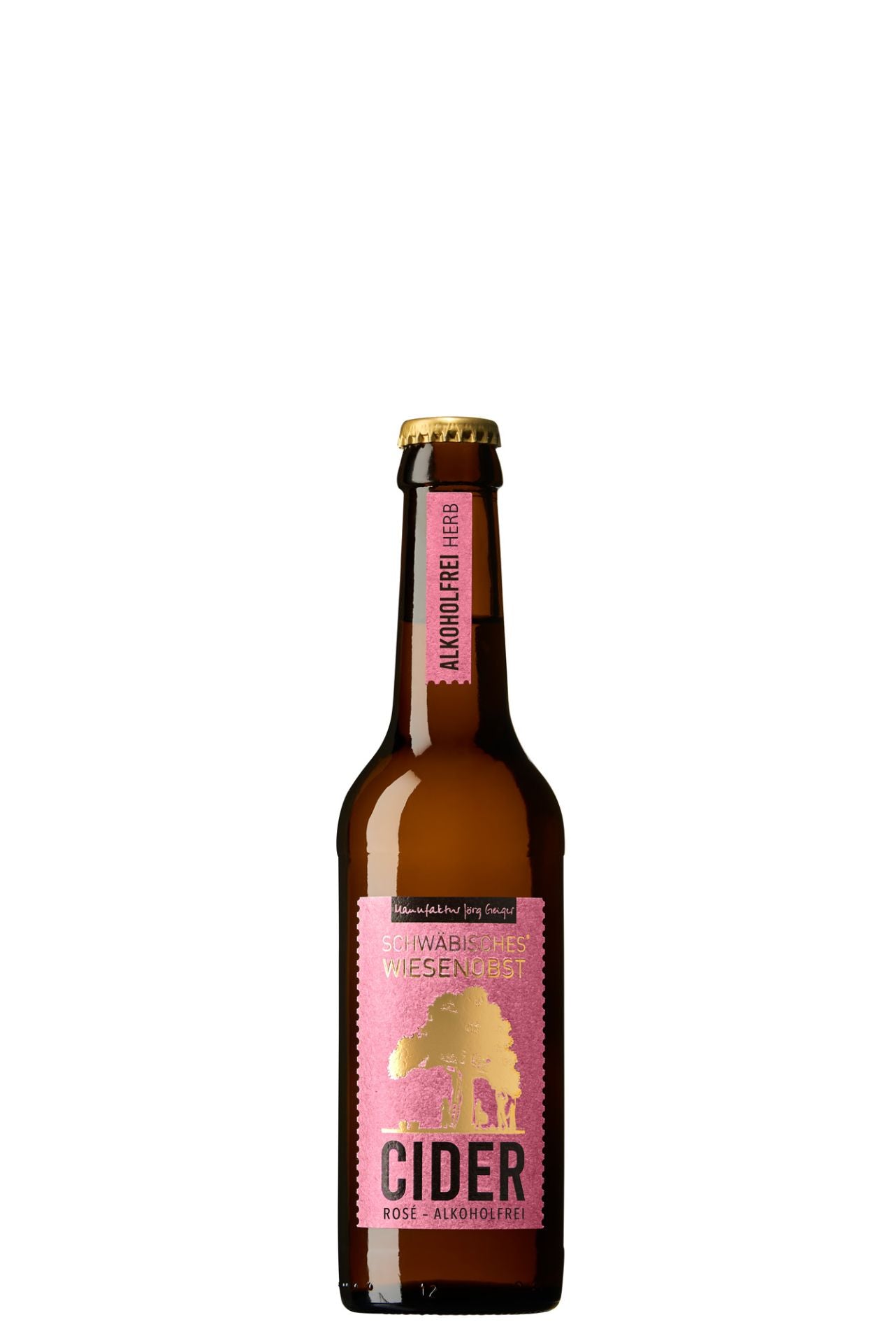 Delmosa non-alcoholic beverage bottle produced by Manufaktur Jörg Geiger, WiesenObst Cider Rosé with a pink and gold label, indicating the flavor of the cider with a pink and gold label, bottle cap on top, against a plain background. Sparkling. 330ml in size.