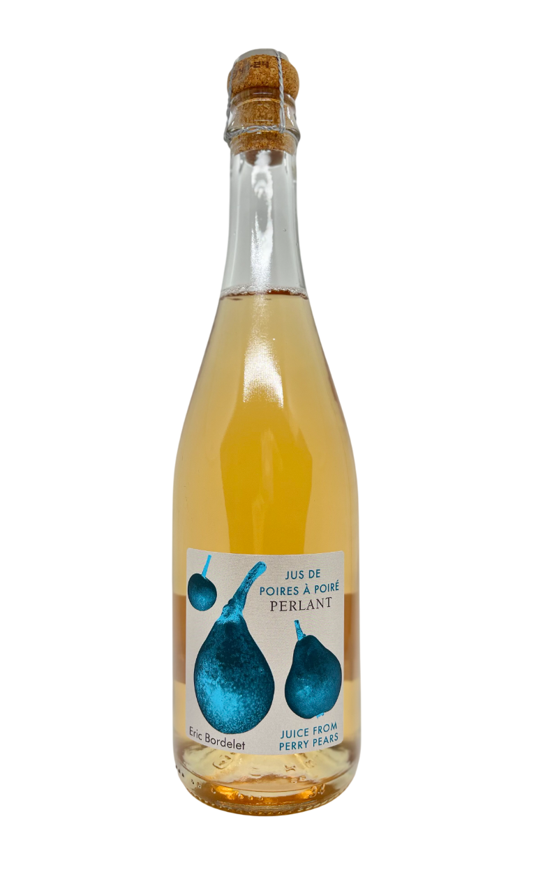 A Delmosa non-alcoholic beverage bottle by Eric Bordelet, Poire Perlant with a label showing blue pear illustrations and text indicating it is a product of France, 750ml in size.