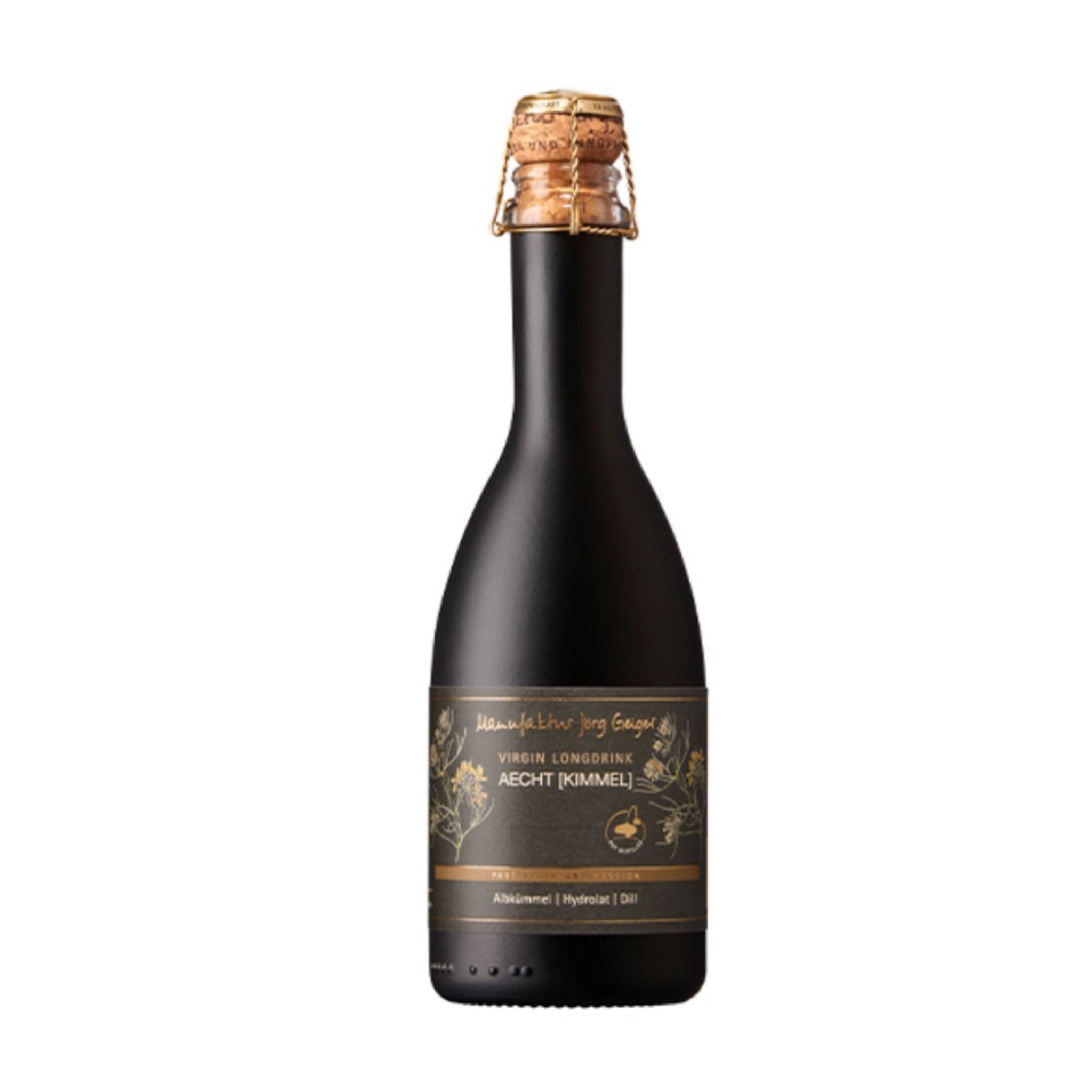 Delmosa import of Manufaktur Jörg Geiger Aecht Kimmel non-alcoholic sparkling beverage, 375ml black bottle with cork top, gold and white label, on a plain background